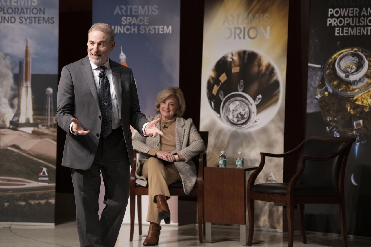 Douglas Loverro, NASA Associate Administrator for the Human Exploration and Operations Mission Directorate, and Marshall Center Director Jody Singer participate in a Town Hall with Marshall Space Flight Center employees