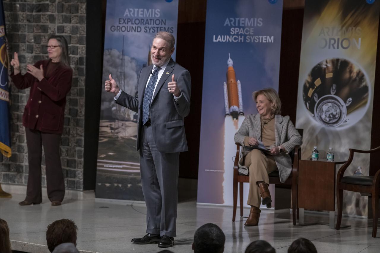 Douglas Loverro, NASA Associate Administrator for the Human Exploration and Operations Mission Directorate, and Marshall Center Director Jody Singer participate in a Town Hall with Marshall Space Flight Center employees