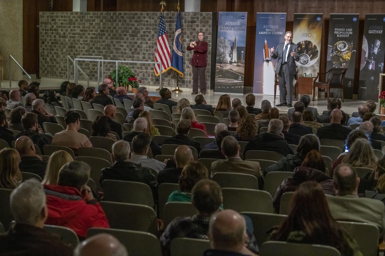 Douglas Loverro, NASA Associate Administrator for the Human Exploration and Operations Mission Directorate, and Marshall Center Director Jody Singer participate in a Town Hall with Marshall Space Flight Center employees