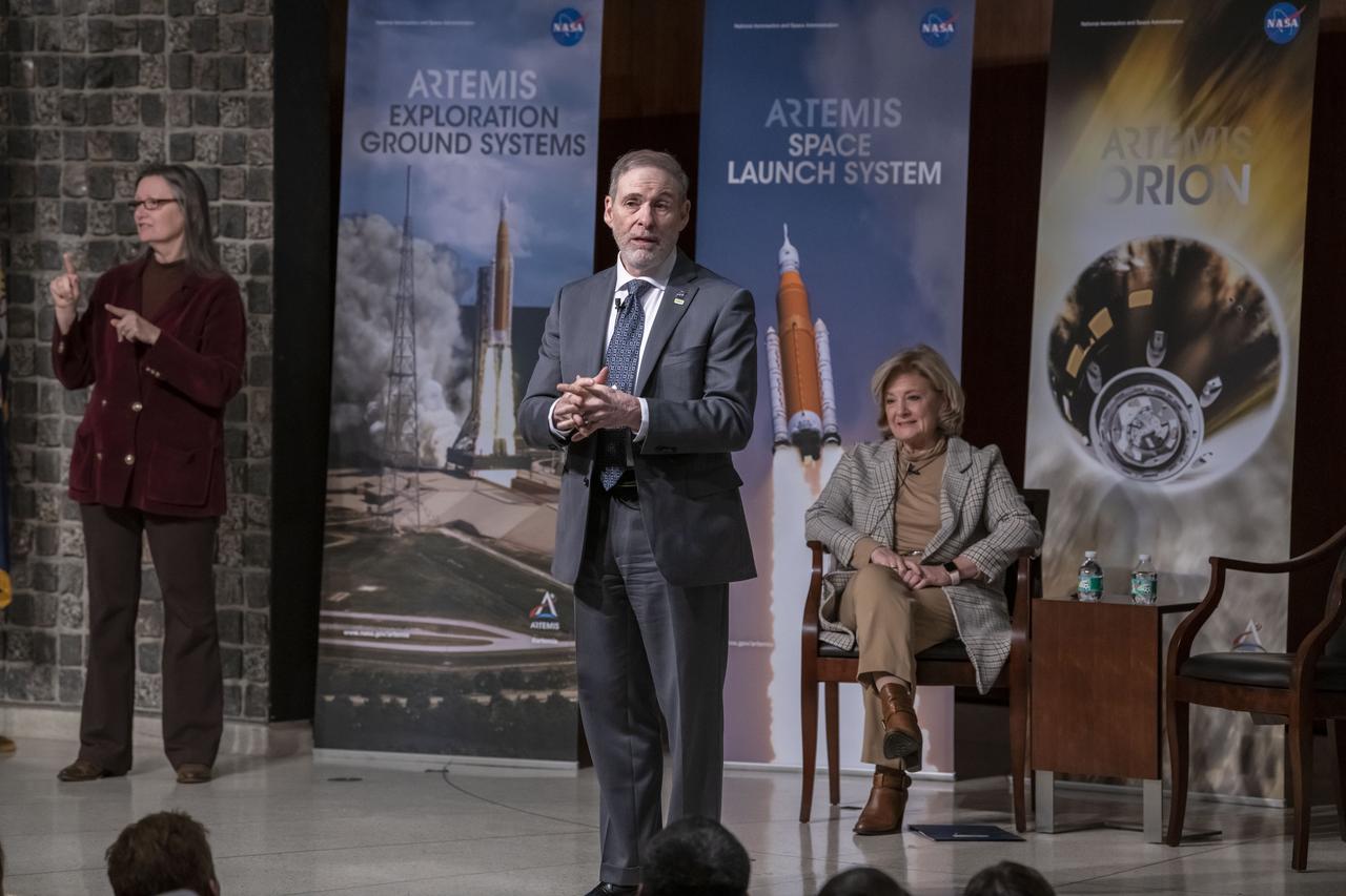 Douglas Loverro, NASA Associate Administrator for the Human Exploration and Operations Mission Directorate, and Marshall Center Director Jody Singer participate in a Town Hall with Marshall Space Flight Center employees