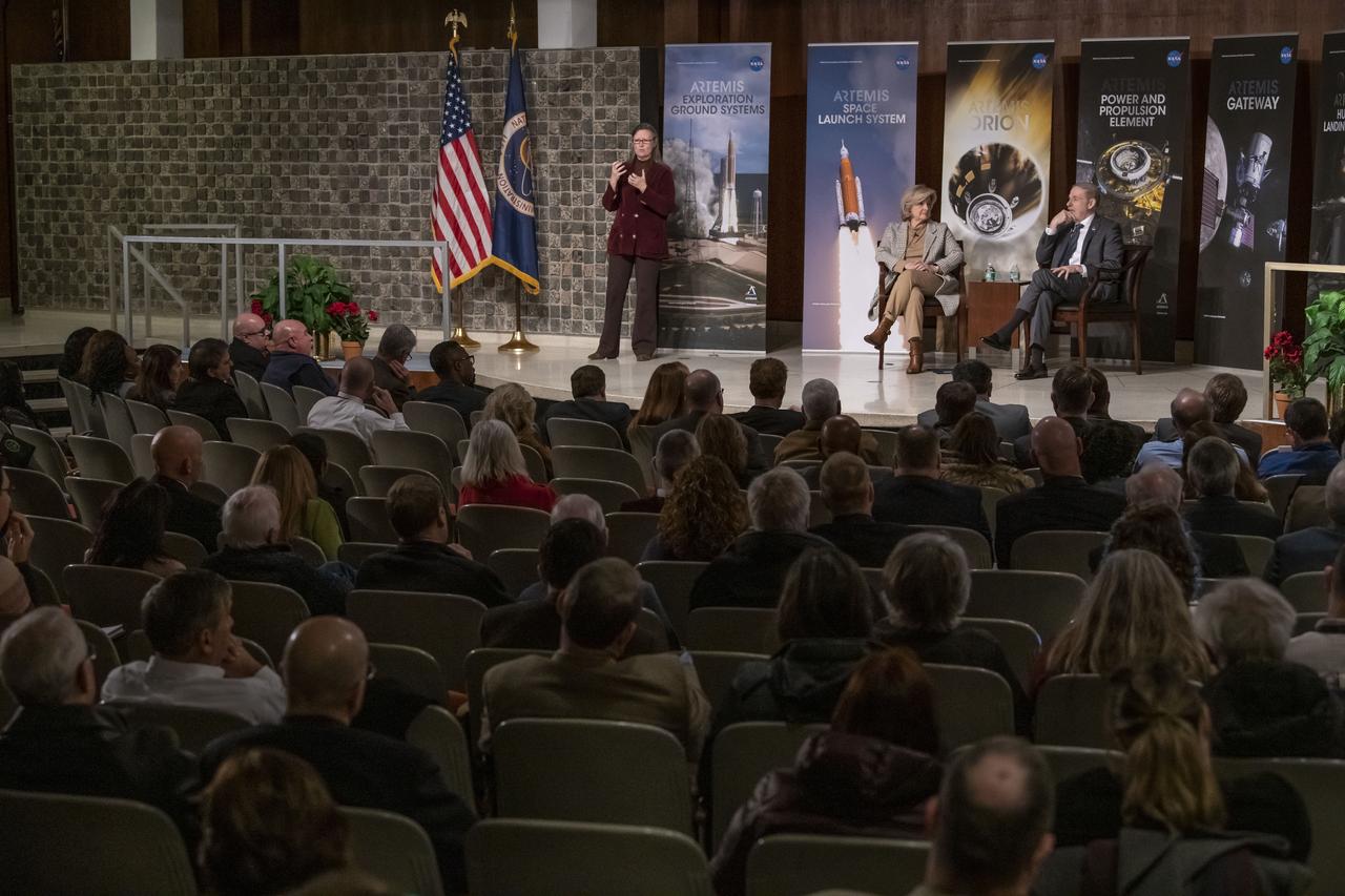 Douglas Loverro, NASA Associate Administrator for the Human Exploration and Operations Mission Directorate, and Marshall Center Director Jody Singer participate in a Town Hall with Marshall Space Flight Center employees