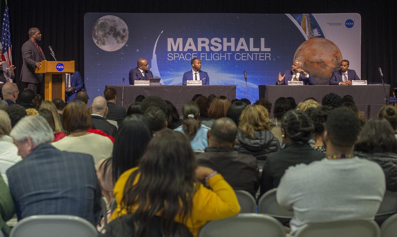Marshall Space Flight Center's Black History Month program featured a panel discussion including Leslie Pollard, President of Oakwood University and Quinton Ross, President of Alabama State University.