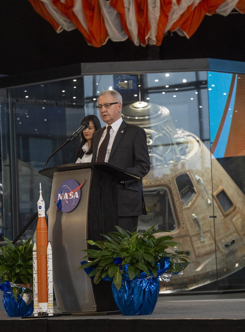 David Brock welcomes attendees to the 2020 Small Business Alliance meeting ath the U.S. Space and Rocket Center's Davidson Center.
