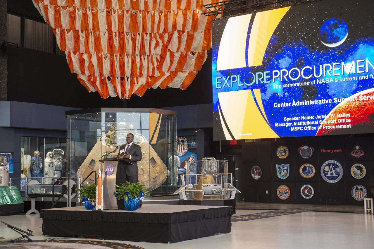 James Bailey delivers MSFC Service Acquisition Updates at the 2020 meeting of the Small Business Alliance at the U.S. Space and Rocket Center's Davidson Center.