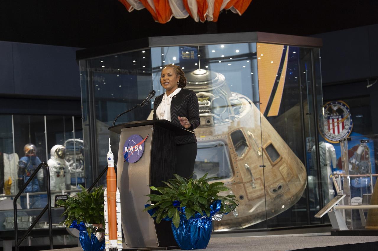 Monica Manning, assistant administrator of NASA’s Office of Procurement, addresses a crowd of nearly 900 industry leaders from 33 states at the 29th Marshall Small Business Alliance meeting Feb. 20 at the U.S. Space & Rocket Center. Manning introduced a new model for managing mission support for the agency, with the intent to align and simplify processes.