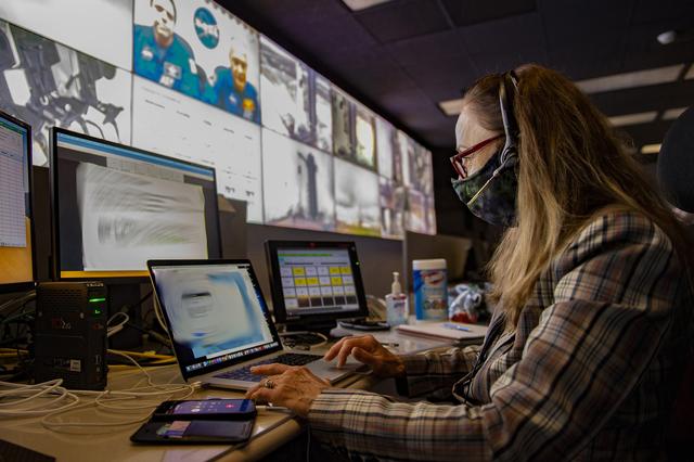 NASA image:  Deborah Crane and Teams at NASA’s Marshall Space Flight Center help monitor launch conditions for the Demo-2 mission from the Huntsville Operations Support Center, HOSC.