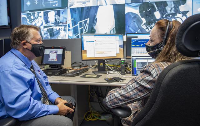 Preston Jones, Deborah Crane, and teams at NASA’s Marshall Space Flight Center help monitor launch conditions for the Demo-2 mission from the Huntsville Operations Support Center, HOSC.