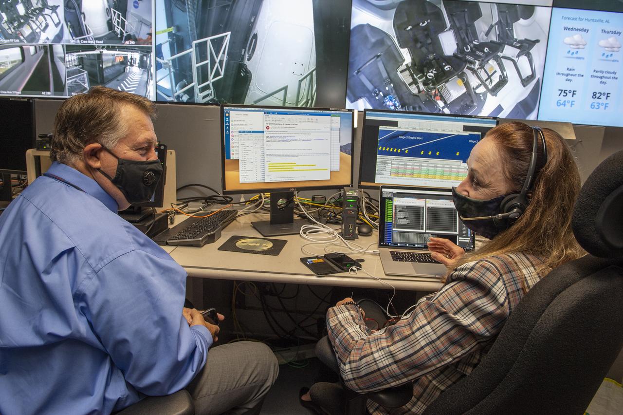 Preston Jones, Deborah Crane, and teams at NASA’s Marshall Space Flight Center help monitor launch conditions for the Demo-2 mission from the Huntsville Operations Support Center, HOSC.