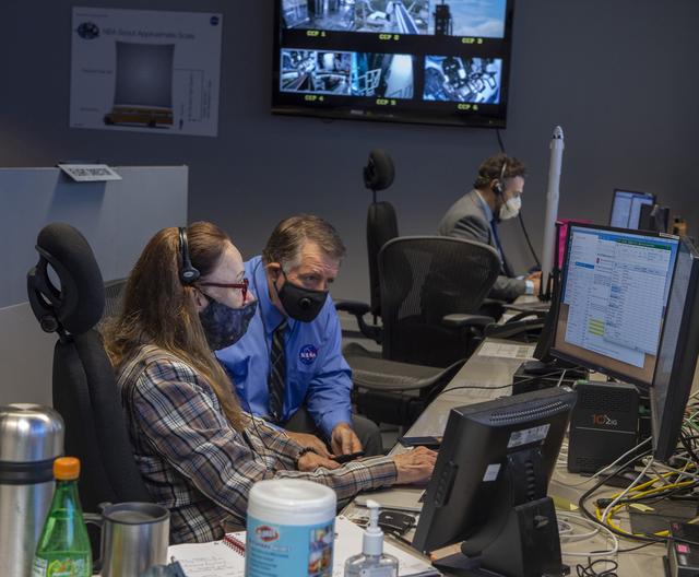 Preston Jones, Deborah Crane, Adam Butt, and teams at NASA’s Marshall Space Flight Center help monitor launch conditions for the Demo-2 mission from the Huntsville Operations Support Center, HOSC.