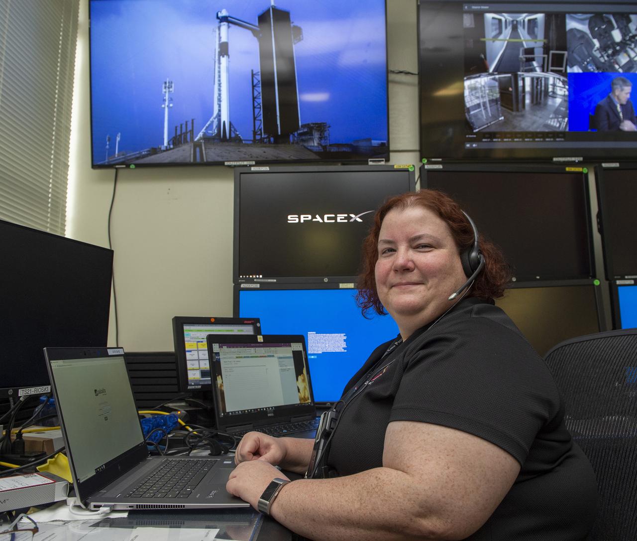 Miranda Holton and teams at NASA’s Marshall Space Flight Center help monitor launch conditions for the Demo-2 mission from the Huntsville Operations Support Center, HOSC.