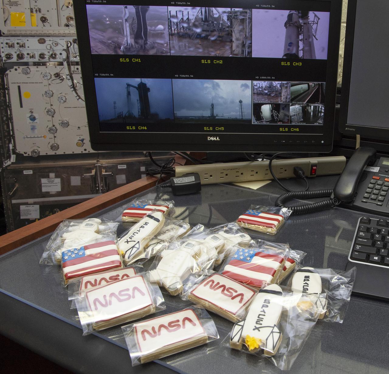 NASA themed cookies for teams at NASA’s Marshall Space Flight Center help monitor launch conditions for the Demo-2 mission from the Huntsville Operations Support Center, HOSC.