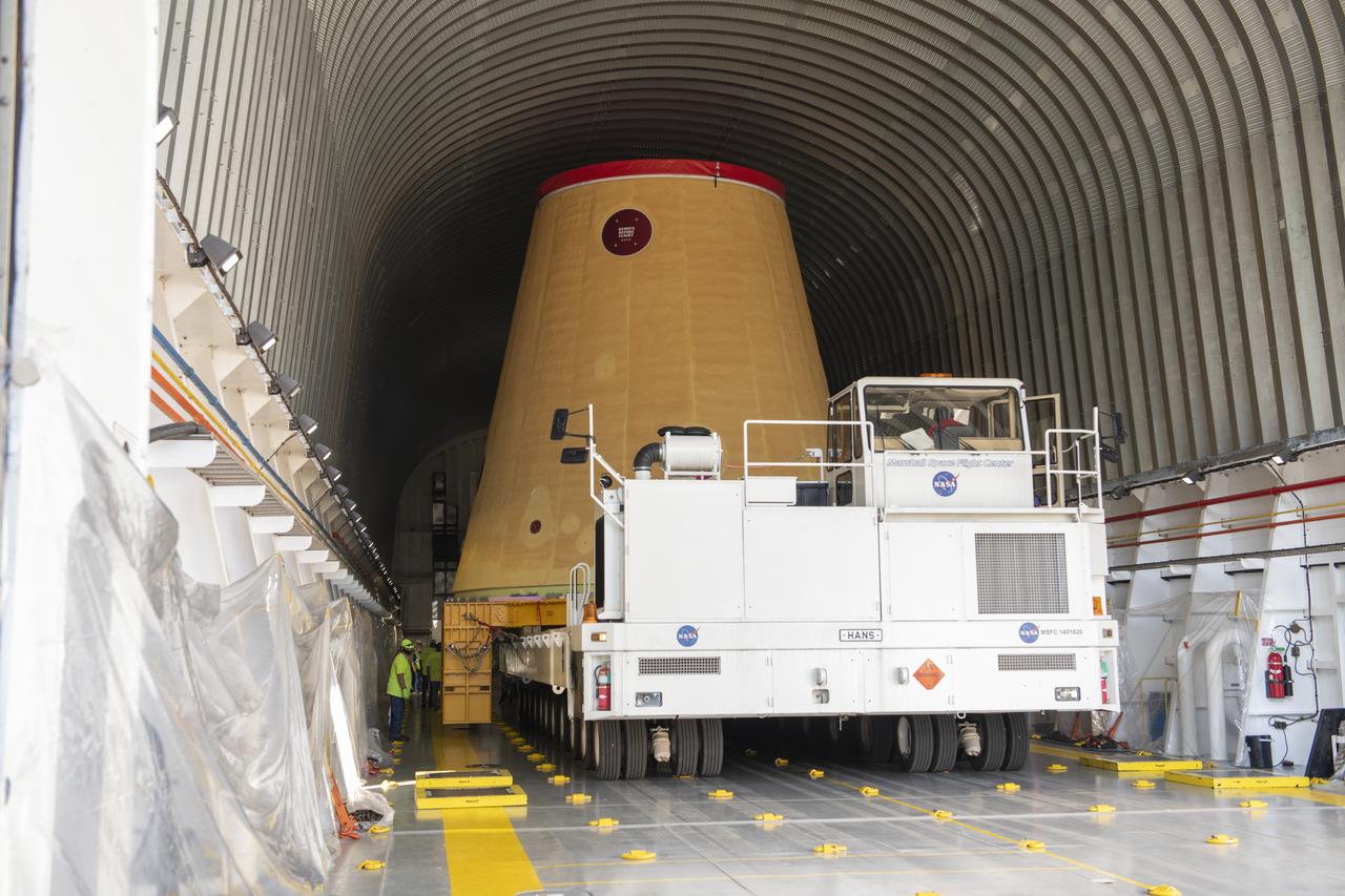 The move team loads the launch vehicle stage adapter, part of the agency’s new Space Launch System (SLS) rocket, on NASA’s Pegasus barge at NASA’s Marshall Space Flight Center in Huntsville, Alabama, July 17. The launch vehicle stage adapter, which connects the rocket’s 212-foot-tall core stage to the rocket’s upper stage, is being shipped to NASA’s Kennedy Space Center in Florida for Artemis I launch preparations. This is the final piece of Artemis I SLS rocket hardware built at Marshall to be delivered to Kennedy. Only the SLS core stage, currently in final testing at Stennis Space Center near Bay St. Louis, Mississippi, remains to be shipped to Kennedy on Pegasus. NASA is working to land the first woman and the next man on the Moon by 2024. SLS, along with Orion, the human landing system, and the Gateway in orbit around the Moon are NASA’s backbone for a new generation of deep space exploration.  