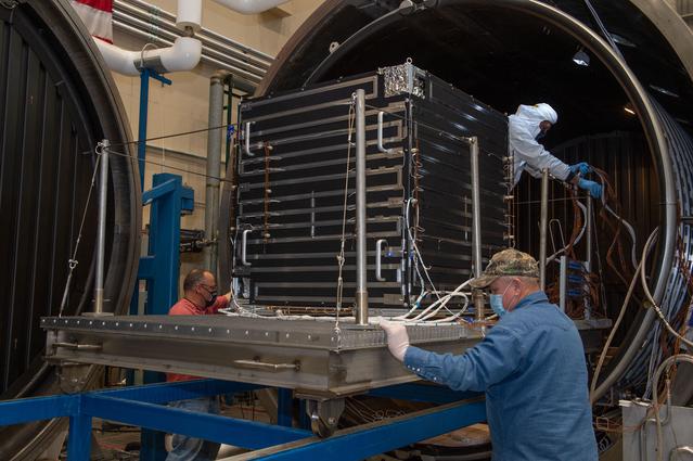 NASA image: Removal of hot box containing NEA Scout spacecraft from Thermal Vacuum Chamber V15   1 of 2