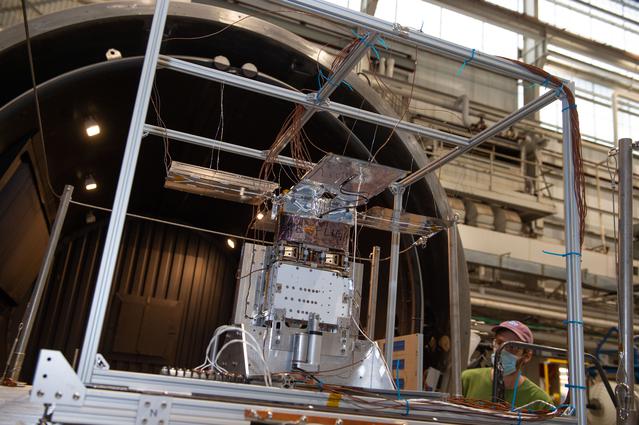 NASA image: NEA Scout spacecraft after de-integration from hot box