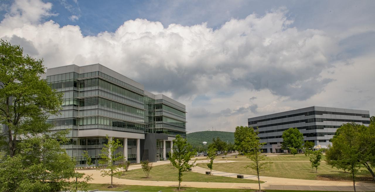 Pictured is a westward-facing view of Buildings 4221 (left) and 4203 on Marshall Space Flight Center’s campus.