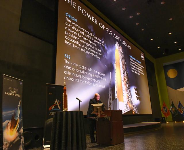 NASA image: John Honeycutt, SLS Program Manager gives ARTEMIS update to audience at Chamber Media Briefing at USSRC, 2 of 4