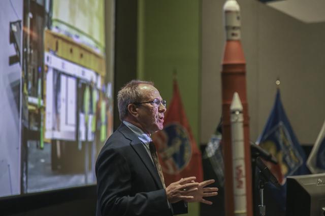 NASA image: David Beaman, SLS Systems Engineering and Integration Manager, addresses audience at Chamber Media Briefing at USSRC, 1 of 3