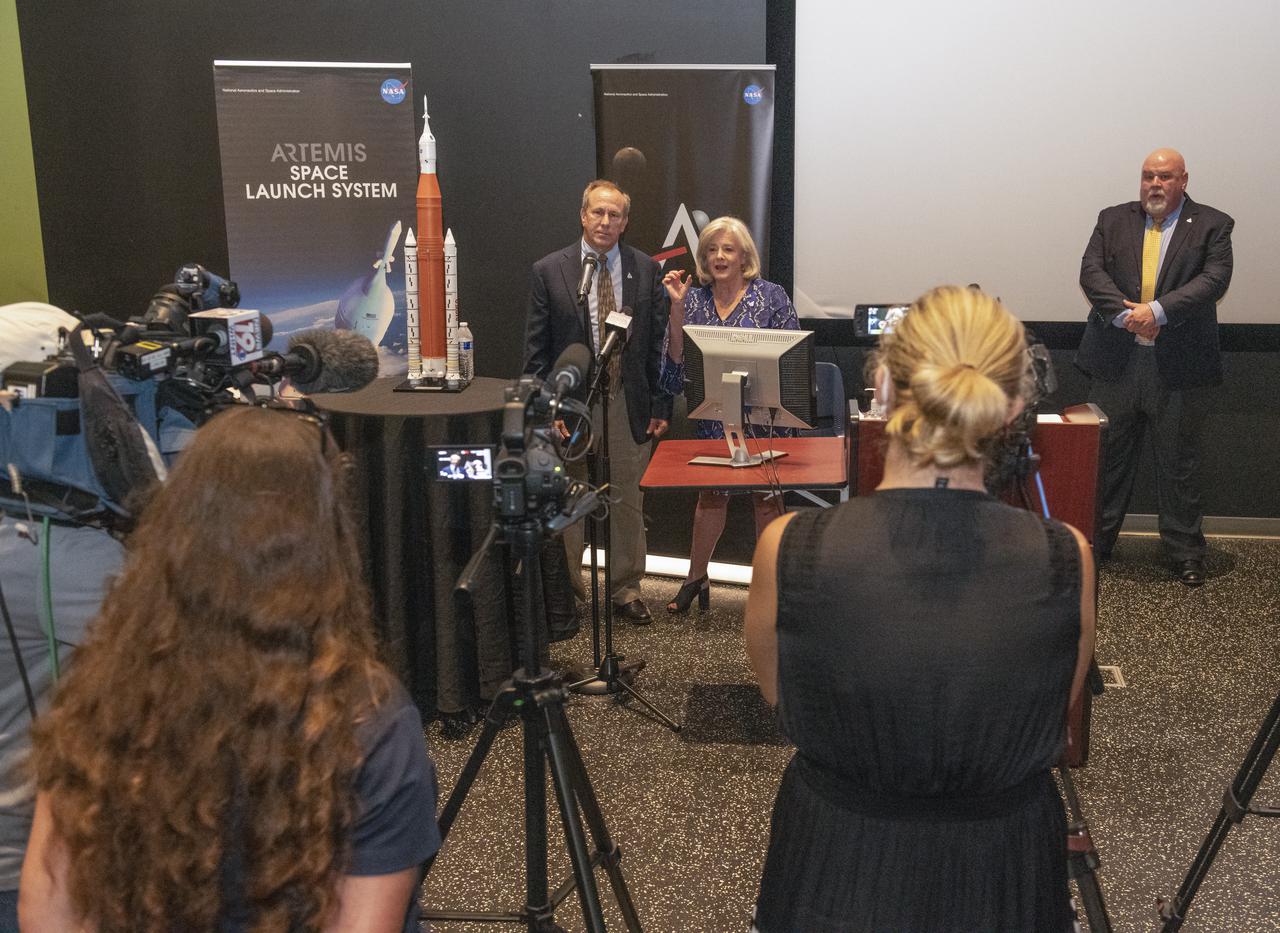 Jody Singer, MSFC Director, responds to reporterâ€™s question during Q&A session at Chamber Media Briefing at USSRC