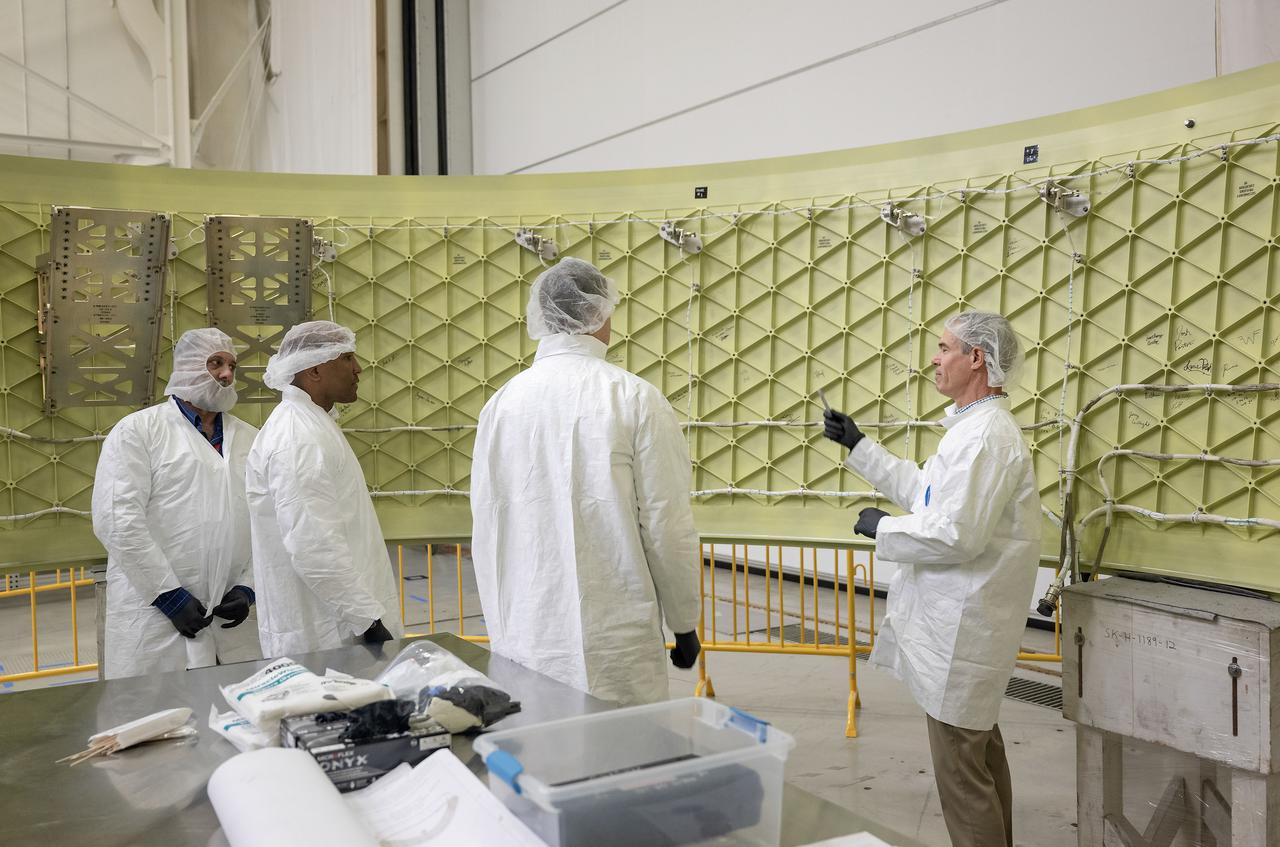 These photos show highlights from Artemis II NASA astronauts Victor Glover, Reid Wiseman, and Christina Koch of NASA and CSA (Canadian Space Agency) astronaut Jeremy Hansen visit to NASA’s Marshall Space Flight Center in Huntsville, Alabama, Nov. 27. The crew met and spoke to employees and viewed facilities for SLS (Space Launch System) rocket. All four astronauts signed the Orion stage adapter (OSA), a small ring structure that connects SLS to NASA’s Orion spacecraft, that will be used for Artemis II. Koch and Wiseman also visited the Systems Integration Lab, where SLS flight software testing is conducted. The four astronauts will launch atop SLS inside Orion to venture around the Moon on Artemis II, the first crewed flight for Artemis.