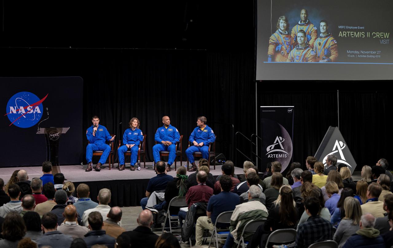 These photos show highlights from Artemis II NASA astronauts Victor Glover, Reid Wiseman, and Christina Koch of NASA and CSA (Canadian Space Agency) astronaut Jeremy Hansen visit to NASA’s Marshall Space Flight Center in Huntsville, Alabama, Nov. 27. The crew met and spoke to employees and viewed facilities for SLS (Space Launch System) rocket. All four astronauts signed the Orion stage adapter (OSA), a small ring structure that connects SLS to NASA’s Orion spacecraft, that will be used for Artemis II. Koch and Wiseman also visited the Systems Integration Lab, where SLS flight software testing is conducted. The four astronauts will launch atop SLS inside Orion to venture around the Moon on Artemis II, the first crewed flight for Artemis.