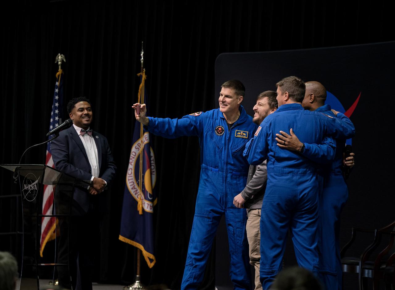 These photos show highlights from Artemis II NASA astronauts Victor Glover, Reid Wiseman, and Christina Koch of NASA and CSA (Canadian Space Agency) astronaut Jeremy Hansen visit to NASA’s Marshall Space Flight Center in Huntsville, Alabama, Nov. 27. The crew met and spoke to employees and viewed facilities for SLS (Space Launch System) rocket. All four astronauts signed the Orion stage adapter (OSA), a small ring structure that connects SLS to NASA’s Orion spacecraft, that will be used for Artemis II. Koch and Wiseman also visited the Systems Integration Lab, where SLS flight software testing is conducted. The four astronauts will launch atop SLS inside Orion to venture around the Moon on Artemis II, the first crewed flight for Artemis.
