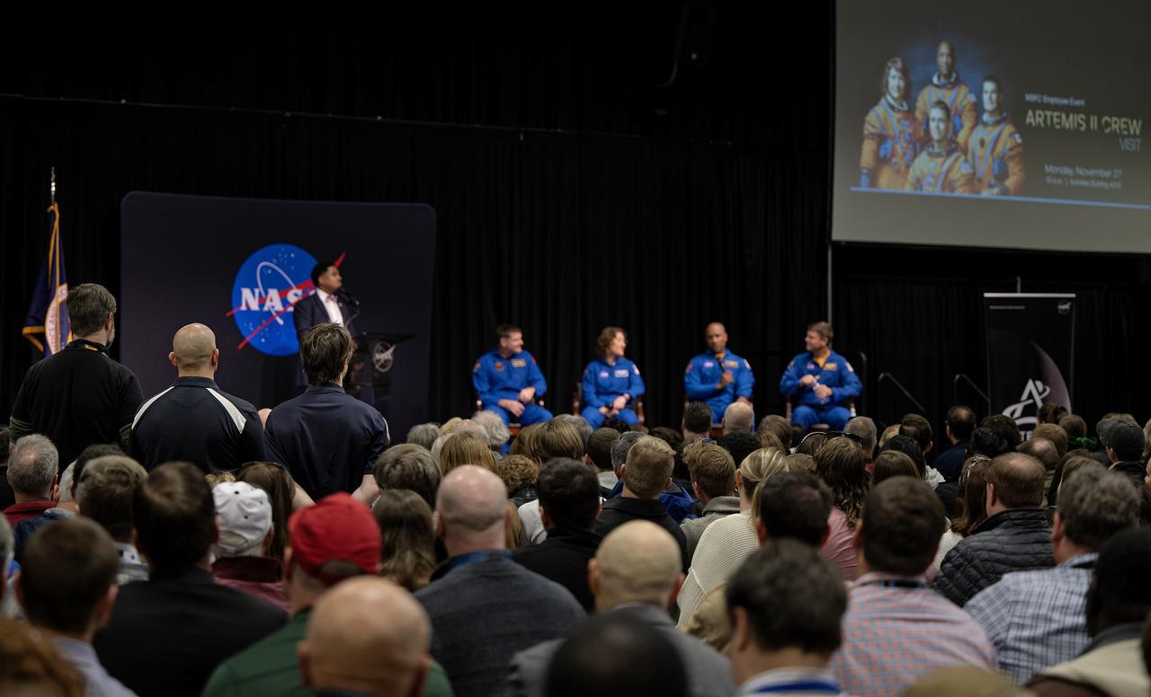These photos show highlights from Artemis II NASA astronauts Victor Glover, Reid Wiseman, and Christina Koch of NASA and CSA (Canadian Space Agency) astronaut Jeremy Hansen visit to NASA’s Marshall Space Flight Center in Huntsville, Alabama, Nov. 27. The crew met and spoke to employees and viewed facilities for SLS (Space Launch System) rocket. All four astronauts signed the Orion stage adapter (OSA), a small ring structure that connects SLS to NASA’s Orion spacecraft, that will be used for Artemis II. Koch and Wiseman also visited the Systems Integration Lab, where SLS flight software testing is conducted. The four astronauts will launch atop SLS inside Orion to venture around the Moon on Artemis II, the first crewed flight for Artemis.