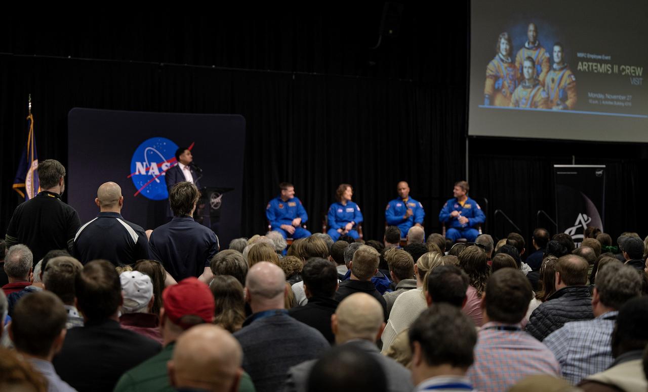 These photos show highlights from Artemis II NASA astronauts Victor Glover, Reid Wiseman, and Christina Koch of NASA and CSA (Canadian Space Agency) astronaut Jeremy Hansen visit to NASA’s Marshall Space Flight Center in Huntsville, Alabama, Nov. 27. The crew met and spoke to employees and viewed facilities for SLS (Space Launch System) rocket. All four astronauts signed the Orion stage adapter (OSA), a small ring structure that connects SLS to NASA’s Orion spacecraft, that will be used for Artemis II. Koch and Wiseman also visited the Systems Integration Lab, where SLS flight software testing is conducted. The four astronauts will launch atop SLS inside Orion to venture around the Moon on Artemis II, the first crewed flight for Artemis.