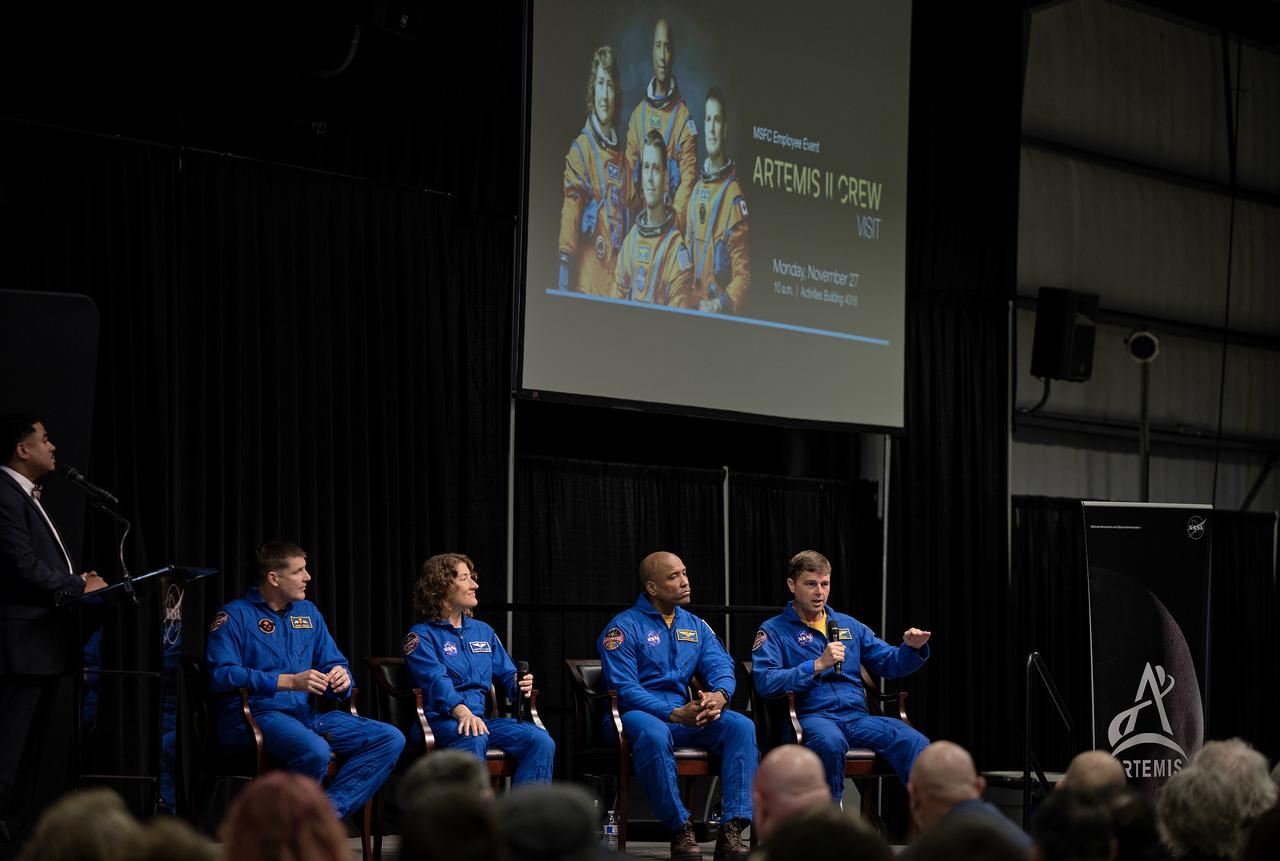 These photos show highlights from Artemis II NASA astronauts Victor Glover, Reid Wiseman, and Christina Koch of NASA and CSA (Canadian Space Agency) astronaut Jeremy Hansen visit to NASA’s Marshall Space Flight Center in Huntsville, Alabama, Nov. 27. The crew met and spoke to employees and viewed facilities for SLS (Space Launch System) rocket. All four astronauts signed the Orion stage adapter (OSA), a small ring structure that connects SLS to NASA’s Orion spacecraft, that will be used for Artemis II. Koch and Wiseman also visited the Systems Integration Lab, where SLS flight software testing is conducted. The four astronauts will launch atop SLS inside Orion to venture around the Moon on Artemis II, the first crewed flight for Artemis.