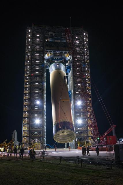 NASA image: Space Launch System Liquid Hydrogen Tank Test Article Positioned in Test Stand at NASA’s Marshall Space Flight Center