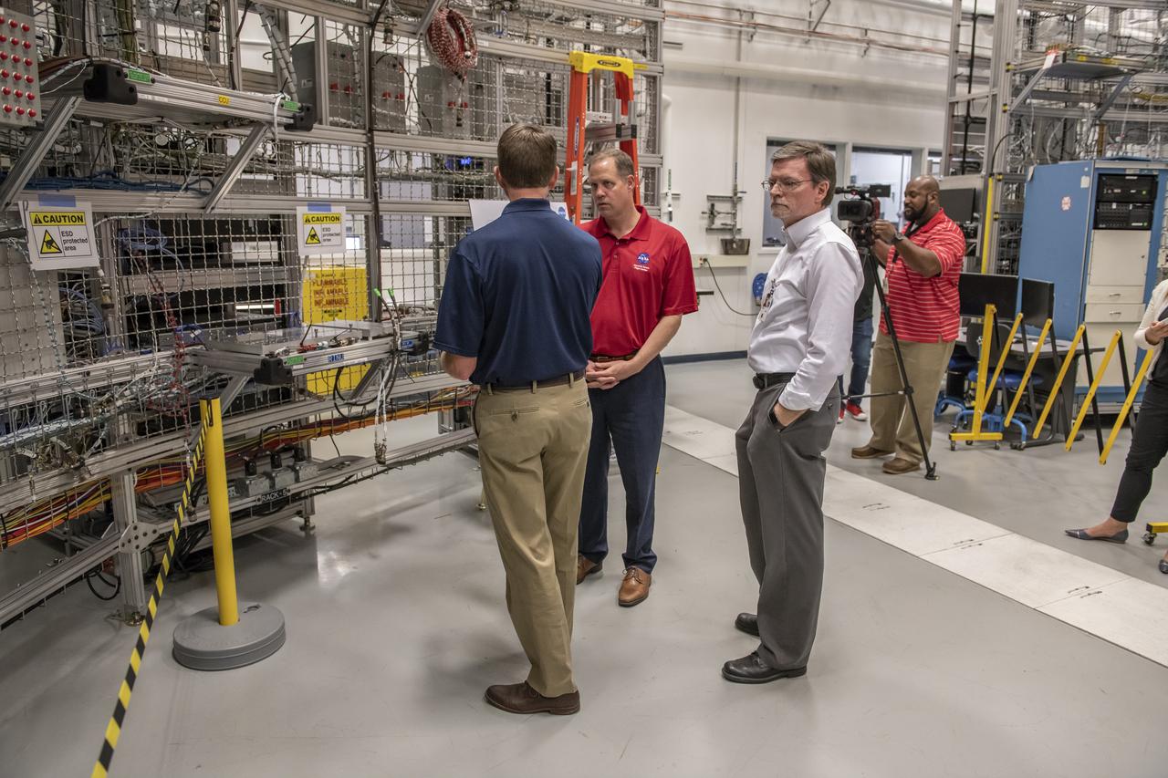 On August 15, 2018 NASA Administrator Jim Bridenstine visited Marshall Space Flight Center. Upon his arrival he was greeted by MSFC Acting Director Jody Singer along with the senior management team. During his tour of the Marshall Center, Bridenstine visited the System Integration Lab and the Software Integration and Testing Facility where Marshall is supporting end-to-end integrated avionics and software integration, check-out, verification and validation for the systems that will control the Space Launch System rocket during its flight and ascent.
