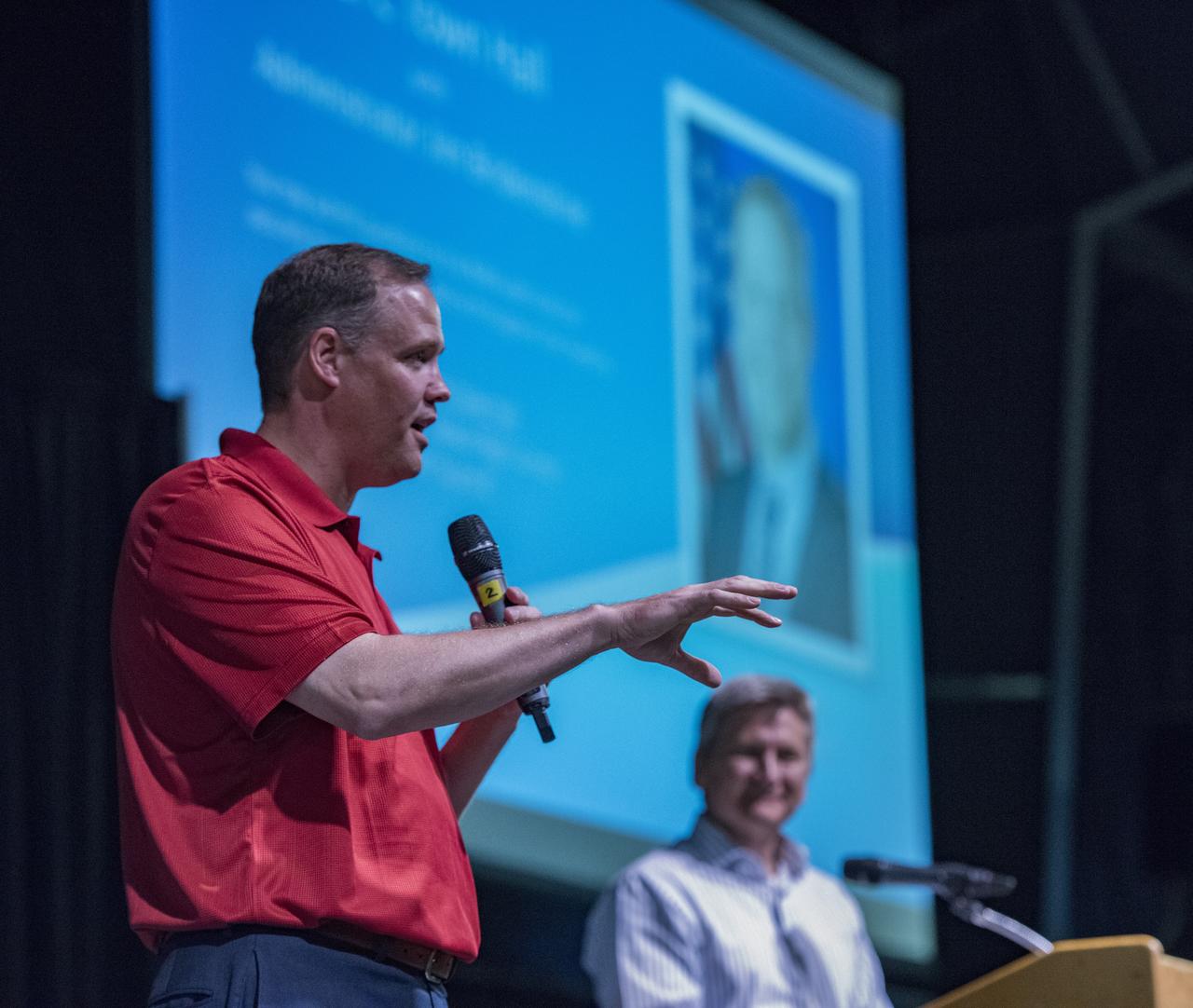 “NASA Administrator Jim Bridenstine spoke to the Marshall team and answered questions during an employee town hall, held on Aug. 15. Bridenstine commended Marshall for their role in the progress of NASA’s Space Launch System rocket. This marked the administrator’s first official visit to Marshall.â€