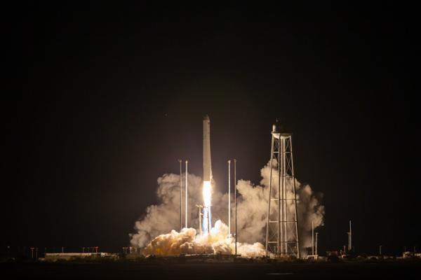 A Northrop Grumman Antares rocket, with the company’s Cygnus spacecraft onboard, launches at 9:16 p.m. EDT, Friday, October 2, 2020, from the Mid Atlantic Regional Spaceport’s Pad-0A, at NASA's Wallops Flight Facility in Virginia. Northrop Grumman's 14th contracted cargo resupply mission for NASA to the International Space Station is carrying nearly 8,000 pounds of science and research, crew supplies and vehicle hardware to the orbital laboratory and its crew. Photo Credit: (NASA/Patrick Black)