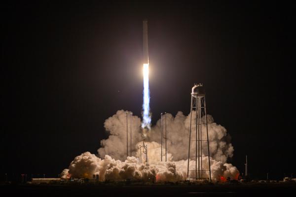 A Northrop Grumman Antares rocket, with the company’s Cygnus spacecraft onboard, launches at 9:16 p.m. EDT, Friday, October 2, 2020, from the Mid Atlantic Regional Spaceport’s Pad-0A, at NASA's Wallops Flight Facility in Virginia. Northrop Grumman's 14th contracted cargo resupply mission for NASA to the International Space Station is carrying nearly 8,000 pounds of science and research, crew supplies and vehicle hardware to the orbital laboratory and its crew. Photo Credit: (NASA/Patrick Black)