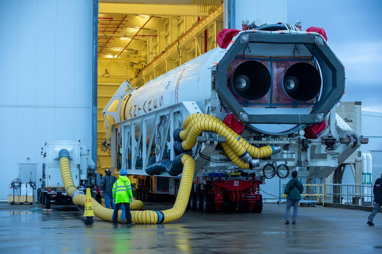 A Northrop Grumman Antares rocket carrying a Cygnus resupply spacecraft is seen as it is rolled out of the Horizontal Integration Facility to the Mid-Atlantic Regional Spaceport’s Pad-0A, Saturday, September 26, 2020, at NASA's Wallops Flight Facility in Virginia. Northrop Grumman’s 14th contracted cargo resupply mission with NASA to the International Space Station will deliver about 8,000 pounds of science and research, crew supplies and vehicle hardware to the orbital laboratory and its crew. The CRS-14 Cygnus spacecraft is named after the first female astronaut of Indian descent, Kaplana Chawla, and is scheduled to launch at 10:27 p.m., Tuesday, September 29, 2020 EDT. Photo Credit: (NASA/Patrick Black) 