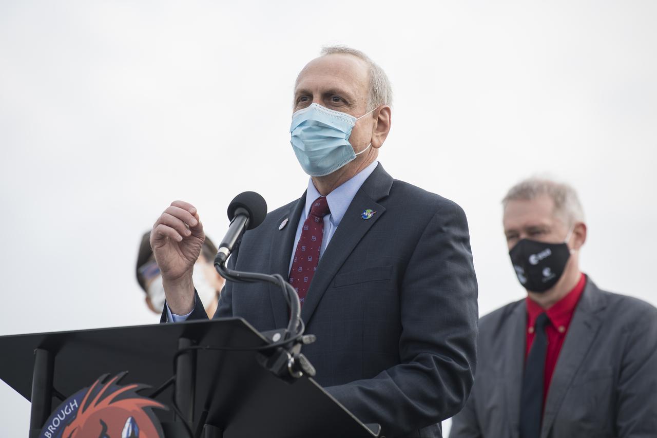 Acting NASA Administrator Steve Jurczyk speaks to members of the media during a press conference ahead of the Crew-2 launch, Wednesday, April 21, 2021, at NASA’s Kennedy Space Center in Florida. NASA’s SpaceX Crew-2 mission is the second crew rotation mission of the SpaceX Crew Dragon spacecraft and Falcon 9 rocket to the International Space Station as part of the agency’s Commercial Crew Program. NASA astronauts Shane Kimbrough and Megan McArthur, ESA (European Space Agency) astronaut Thomas Pesquet, and Japan Aerospace Exploration Agency (JAXA) astronaut Akihiko Hoshide are scheduled to launch at 5:49 a.m. EDT on Friday, April 23, from Launch Complex 39A at the Kennedy Space Center. Photo Credit: (NASA/Aubrey Gemignani)