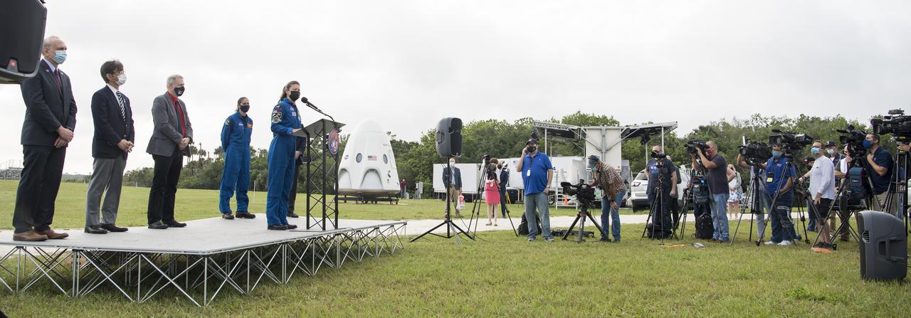 NASA astronaut Tracy Caldwell Dyson speaks to members of the media during a press conference with, from left, acting NASA Administrator Steve Jurczyk, Hiroshi Sasaki, vice president and director general of the Japan Aerospace Exploration Agency’s (JAXA) Human Spaceflight Technology Directorate, Frank De Winne, manager, International Space Station Program, ESA (European Space Agency), and NASA astronaut Jasmin Moghbeli, ahead of the Crew-2 launch, Wednesday, April 21, 2021, at NASA’s Kennedy Space Center in Florida. NASA’s SpaceX Crew-2 mission is the second crew rotation mission of the SpaceX Crew Dragon spacecraft and Falcon 9 rocket to the International Space Station as part of the agency’s Commercial Crew Program. NASA astronauts Shane Kimbrough and Megan McArthur, ESA astronaut Thomas Pesquet, and JAXA astronaut Akihiko Hoshide are scheduled to launch at 5:49 a.m. EDT on Friday, April 23, from Launch Complex 39A at the Kennedy Space Center. Photo Credit: (NASA/Aubrey Gemignani)