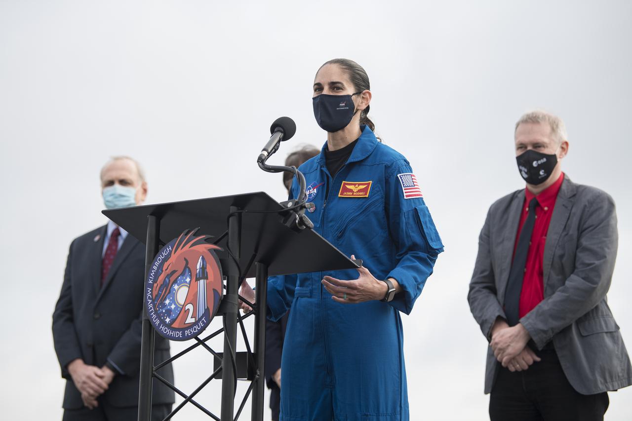 NASA astronaut Jasmin Moghbeli speaks to members of the media during a press conference ahead of the Crew-2 launch, Wednesday, April 21, 2021, at NASA’s Kennedy Space Center in Florida. NASA’s SpaceX Crew-2 mission is the second crew rotation mission of the SpaceX Crew Dragon spacecraft and Falcon 9 rocket to the International Space Station as part of the agency’s Commercial Crew Program. NASA astronauts Shane Kimbrough and Megan McArthur, ESA (European Space Agency) astronaut Thomas Pesquet, and Japan Aerospace Exploration Agency (JAXA) astronaut Akihiko Hoshide are scheduled to launch at 5:49 a.m. EDT on Friday, April 23, from Launch Complex 39A at the Kennedy Space Center. Photo Credit: (NASA/Aubrey Gemignani)