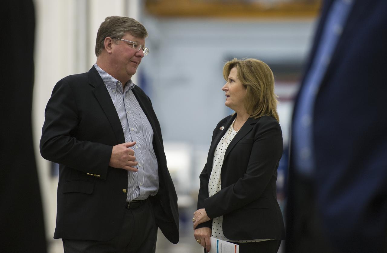 Acting NASA Deputy Administrator Lesa Roe, right, speaks with Rob Strain, president of Ball Aerospace, Thursday, April 6, 2017 during a visit to Ball Aerospace in Boulder, Colo.  Photo Credit: (NASA/Joel Kowsky)