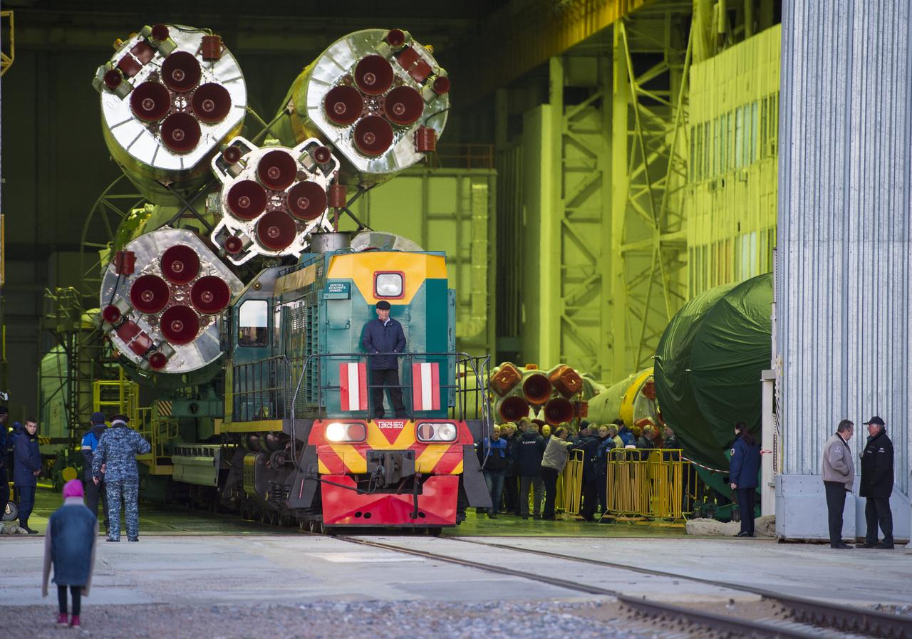 The Soyuz rocket is prepared to be rolled out to the launch pad on Monday, April 17, 2017 at the Baikonur Cosmodrome in Kazakhstan. The Soyuz MS-04 spacecraft, scheduled to launch April 20 Baikonur time, will carry Expedition 51 Soyuz Commander Fyodor Yurchikhin of Roscosmos and Flight Engineer Jack Fischer of NASA into orbit to begin their four and a half month mission on the International Space Station. Photo Credit: (NASA/Aubrey Gemignani)