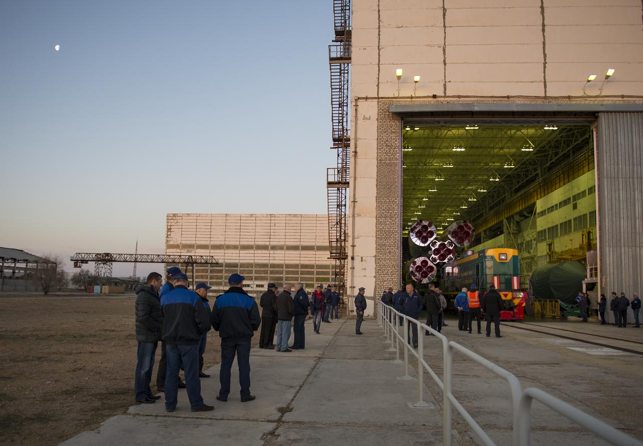 The moon is seen as the Soyuz rocket is prepared to be rolled out to the launch pad on Monday, April 17, 2017 at the Baikonur Cosmodrome in Kazakhstan. The Soyuz MS-04 spacecraft, scheduled to launch April 20 Baikonur time, will carry Expedition 51 Soyuz Commander Fyodor Yurchikhin of Roscosmos and Flight Engineer Jack Fischer of NASA into orbit to begin their four and a half month mission on the International Space Station. Photo Credit: (NASA/Aubrey Gemignani)