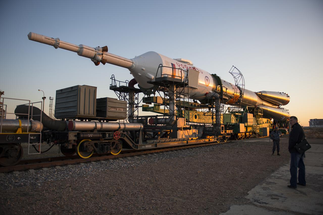 The Soyuz MS-04 spacecraft is rolled out to the launch pad by train on Monday, April 17, 2017 at the Baikonur Cosmodrome in Kazakhstan. Launch of the Soyuz rocket is scheduled for April 20 and will carry Expedition 51 Soyuz Commander Fyodor Yurchikhin of Roscosmos and Flight Engineer Jack Fischer of NASA into orbit to begin their four and a half month mission on the International Space Station.Photo Credit: (NASA/Aubrey Gemignani)