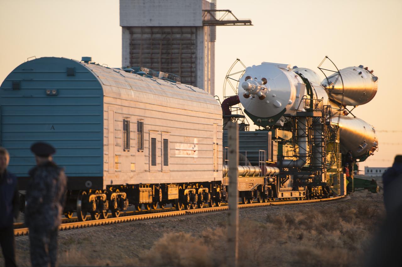 The Soyuz MS-04 spacecraft is rolled out to the launch pad by train on Monday, April 17, 2017 at the Baikonur Cosmodrome in Kazakhstan. Launch of the Soyuz rocket is scheduled for April 20 and will carry Expedition 51 Soyuz Commander Fyodor Yurchikhin of Roscosmos and Flight Engineer Jack Fischer of NASA into orbit to begin their four and a half month mission on the International Space Station.Photo Credit: (NASA/Aubrey Gemignani)
