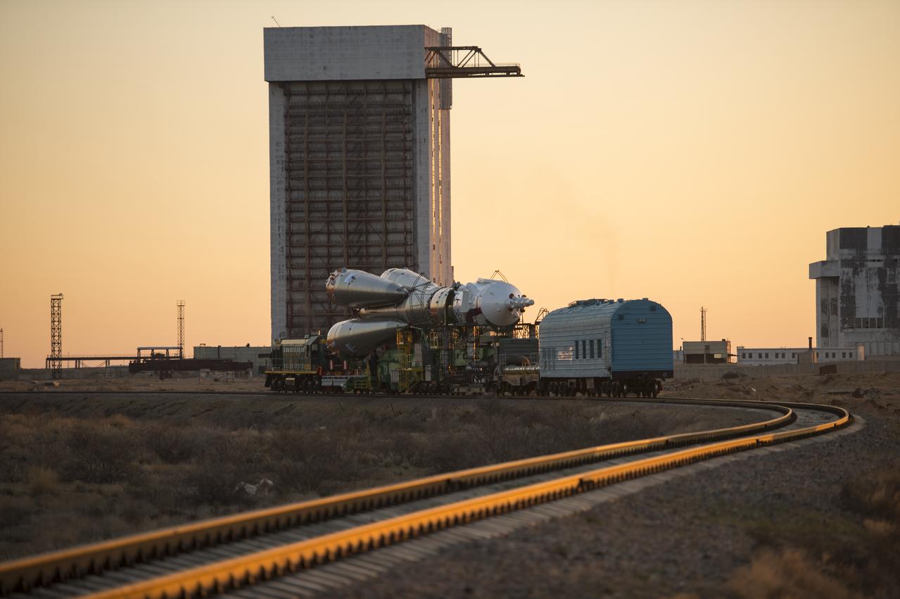 The Soyuz MS-04 spacecraft is rolled out to the launch pad by train on Monday, April 17, 2017 at the Baikonur Cosmodrome in Kazakhstan. Launch of the Soyuz rocket is scheduled for April 20 and will carry Expedition 51 Soyuz Commander Fyodor Yurchikhin of Roscosmos and Flight Engineer Jack Fischer of NASA into orbit to begin their four and a half month mission on the International Space Station.Photo Credit: (NASA/Aubrey Gemignani)
