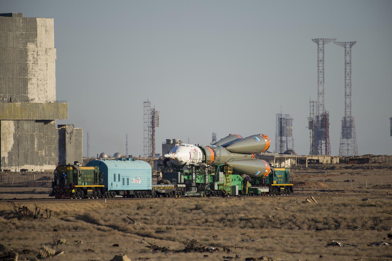 The Soyuz MS-04 spacecraft is rolled out to the launch pad by train on Monday, April 17, 2017 at the Baikonur Cosmodrome in Kazakhstan. Launch of the Soyuz rocket is scheduled for April 20 and will carry Expedition 51 Soyuz Commander Fyodor Yurchikhin of Roscosmos and Flight Engineer Jack Fischer of NASA into orbit to begin their four and a half month mission on the International Space Station.Photo Credit: (NASA/Aubrey Gemignani)