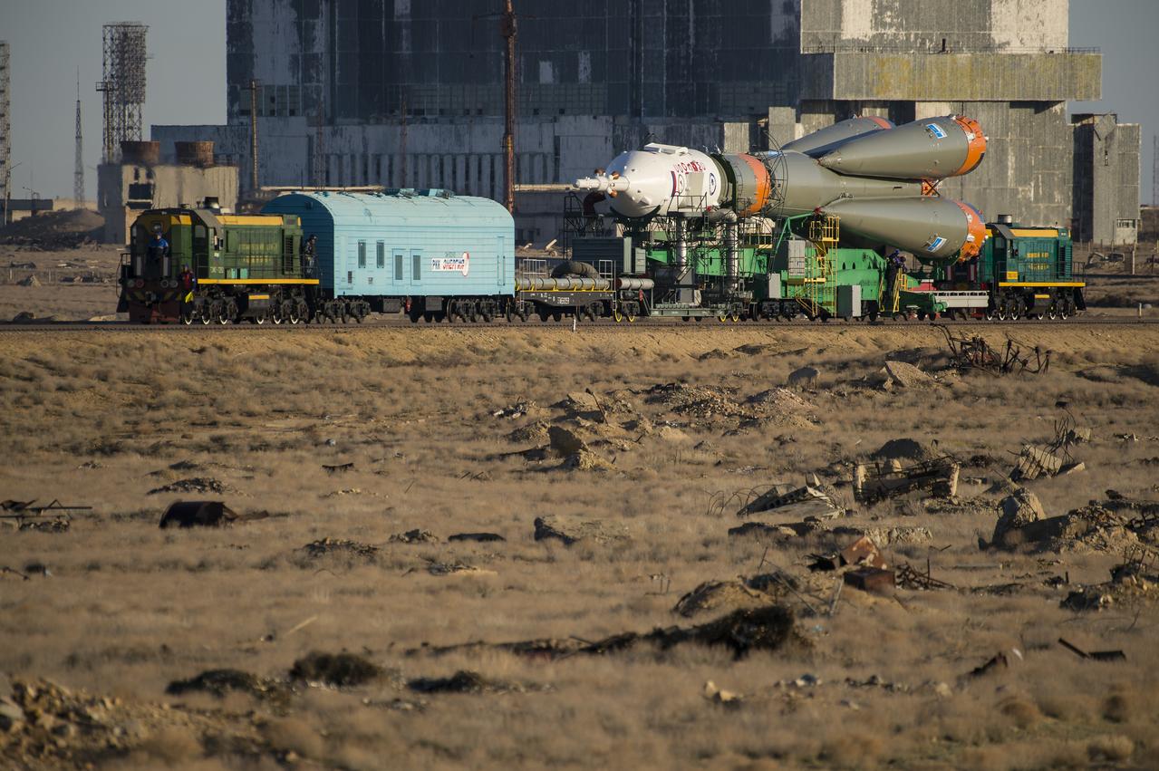 The Soyuz MS-04 spacecraft is rolled out to the launch pad by train on Monday, April 17, 2017 at the Baikonur Cosmodrome in Kazakhstan. Launch of the Soyuz rocket is scheduled for April 20 and will carry Expedition 51 Soyuz Commander Fyodor Yurchikhin of Roscosmos and Flight Engineer Jack Fischer of NASA into orbit to begin their four and a half month mission on the International Space Station.Photo Credit: (NASA/Aubrey Gemignani)