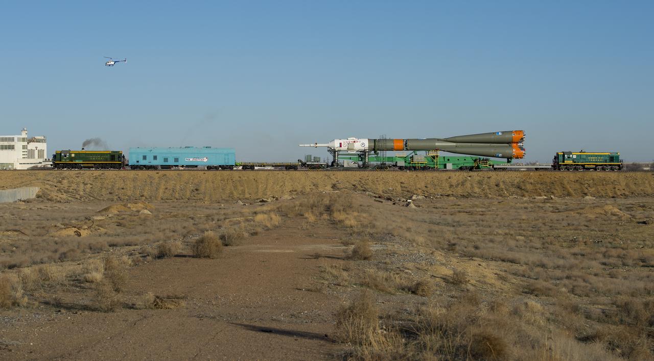 The Soyuz MS-04 spacecraft is rolled out to the launch pad by train on Monday, April 17, 2017 at the Baikonur Cosmodrome in Kazakhstan. Launch of the Soyuz rocket is scheduled for April 20 and will carry Expedition 51 Soyuz Commander Fyodor Yurchikhin of Roscosmos and Flight Engineer Jack Fischer of NASA into orbit to begin their four and a half month mission on the International Space Station.Photo Credit: (NASA/Aubrey Gemignani)