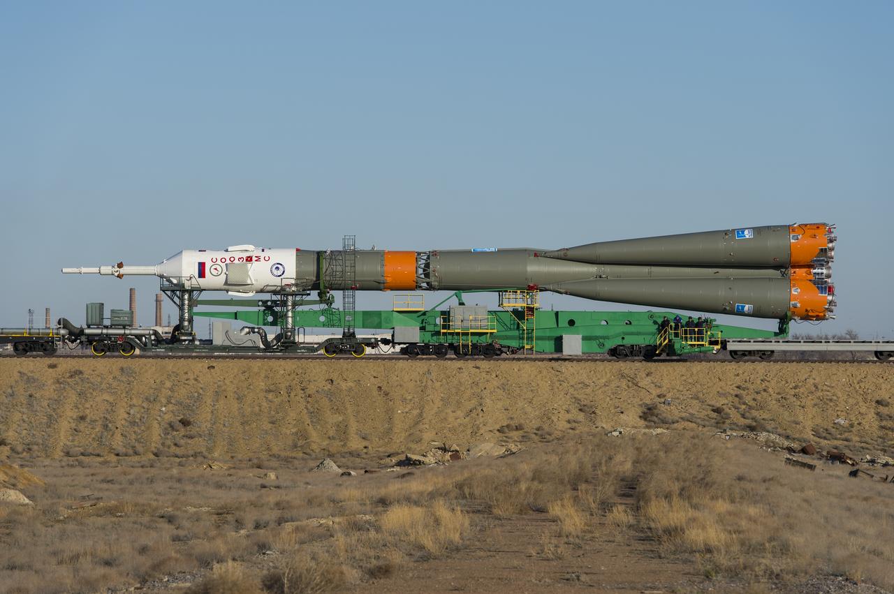 The Soyuz MS-04 spacecraft is rolled out to the launch pad by train on Monday, April 17, 2017 at the Baikonur Cosmodrome in Kazakhstan. Launch of the Soyuz rocket is scheduled for April 20 and will carry Expedition 51 Soyuz Commander Fyodor Yurchikhin of Roscosmos and Flight Engineer Jack Fischer of NASA into orbit to begin their four and a half month mission on the International Space Station.Photo Credit: (NASA/Aubrey Gemignani)