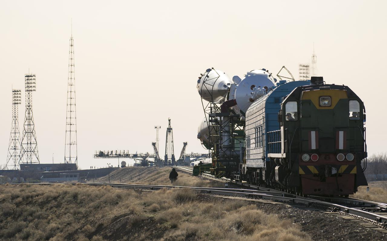 The Soyuz MS-04 spacecraft is rolled out to the launch pad by train on Monday, April 17, 2017 at the Baikonur Cosmodrome in Kazakhstan. Launch of the Soyuz rocket is scheduled for April 20 and will carry Expedition 51 Soyuz Commander Fyodor Yurchikhin of Roscosmos and Flight Engineer Jack Fischer of NASA into orbit to begin their four and a half month mission on the International Space Station.Photo Credit: (NASA/Aubrey Gemignani)