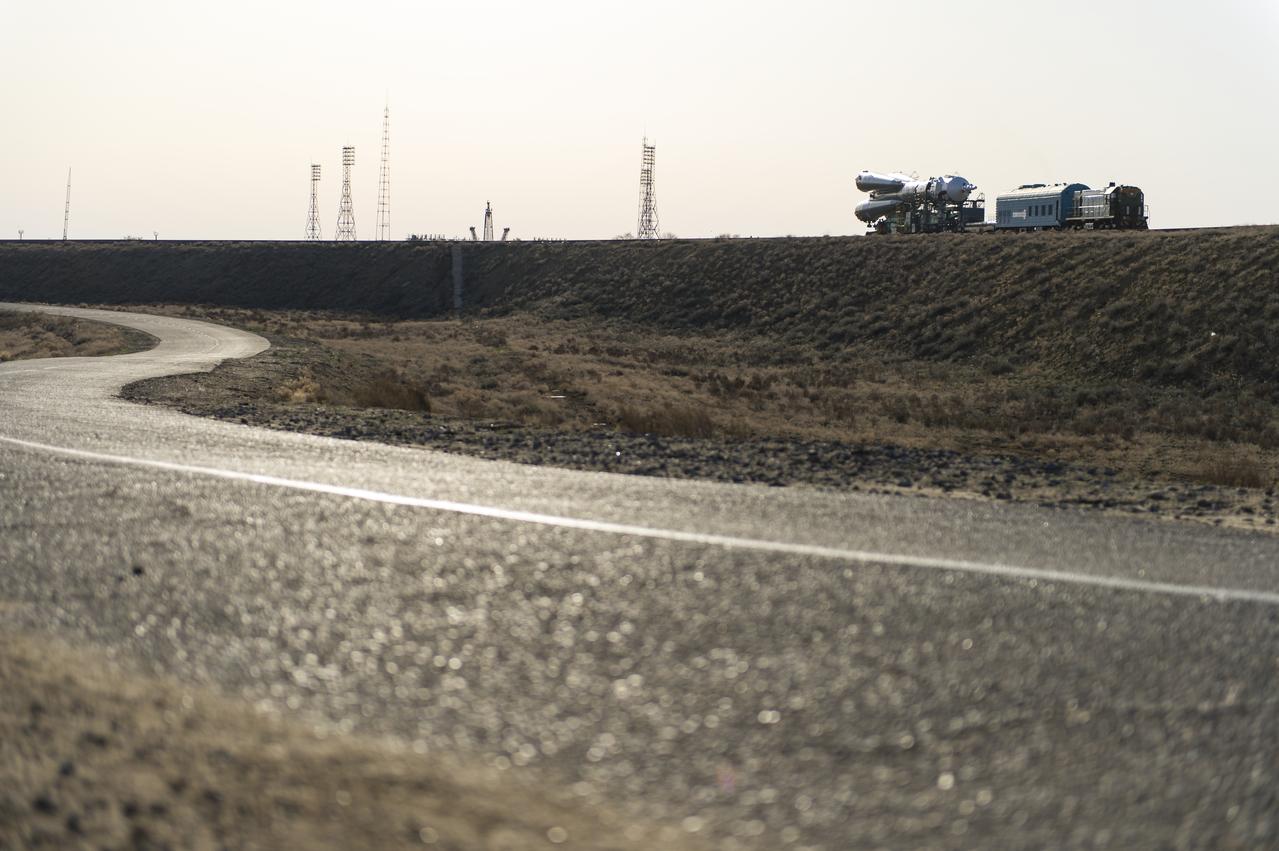 The Soyuz MS-04 spacecraft is rolled out to the launch pad by train on Monday, April 17, 2017 at the Baikonur Cosmodrome in Kazakhstan. Launch of the Soyuz rocket is scheduled for April 20 and will carry Expedition 51 Soyuz Commander Fyodor Yurchikhin of Roscosmos and Flight Engineer Jack Fischer of NASA into orbit to begin their four and a half month mission on the International Space Station.Photo Credit: (NASA/Aubrey Gemignani)