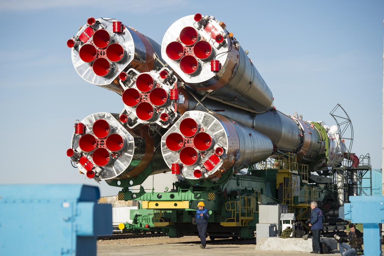 The Soyuz MS-04 spacecraft is rolled out to the launch pad by train on Monday, April 17, 2017 at the Baikonur Cosmodrome in Kazakhstan. Launch of the Soyuz rocket is scheduled for April 20 and will carry Expedition 51 Soyuz Commander Fyodor Yurchikhin of Roscosmos and Flight Engineer Jack Fischer of NASA into orbit to begin their four and a half month mission on the International Space Station.Photo Credit: (NASA/Aubrey Gemignani)